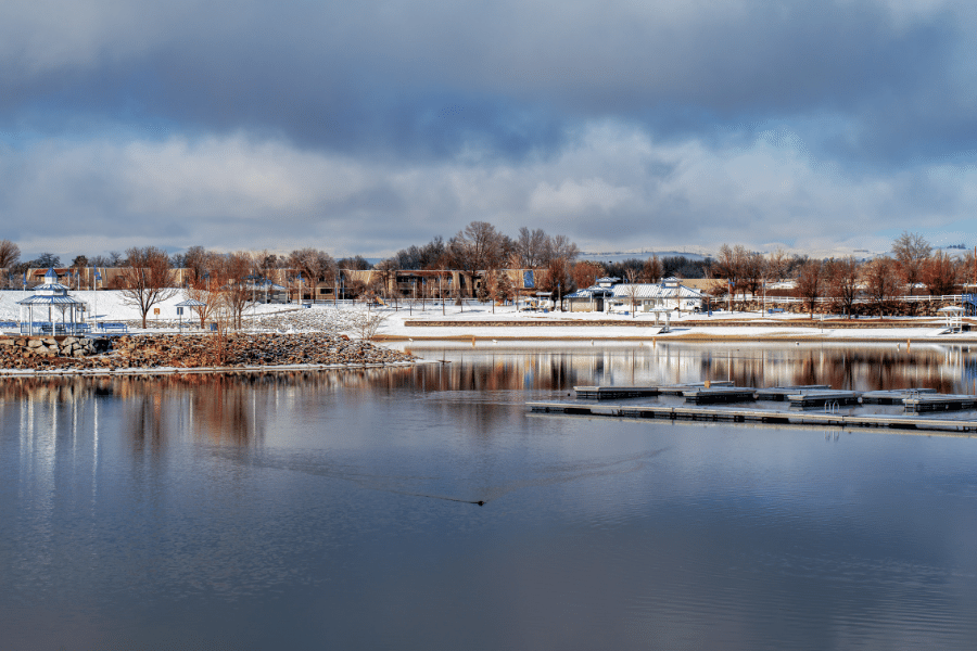 The Sparks Marina in the winter with snow on the ground in Sparks, NV