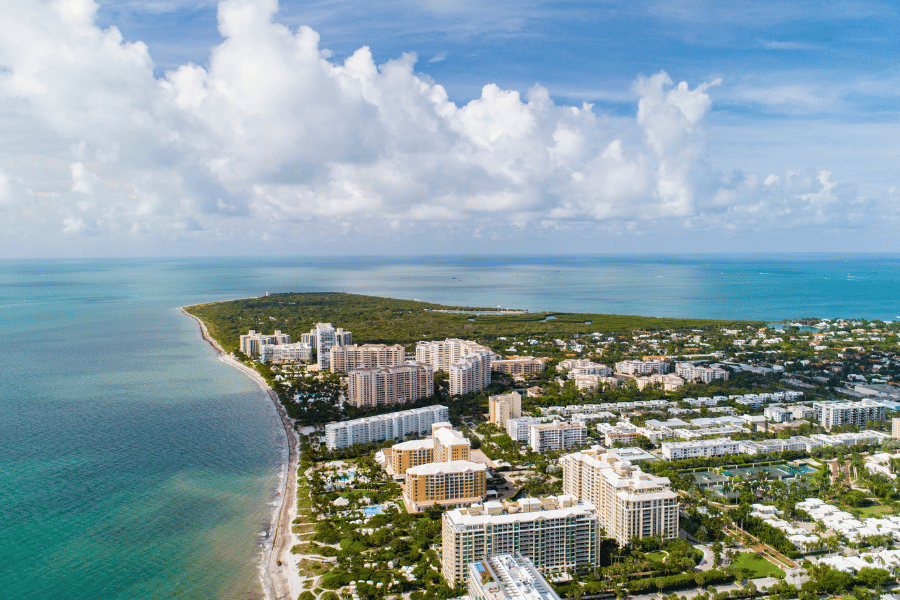 Aerial view of Key Biscayne, FL in Miami near the water and buildings