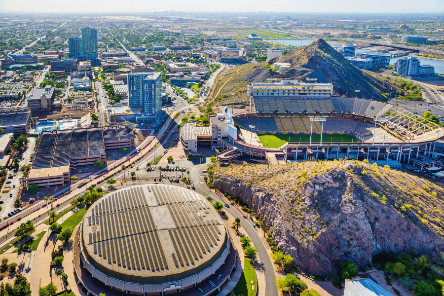 ASU campus in Tempe, AZ on a sunny day overlooking the football stadium