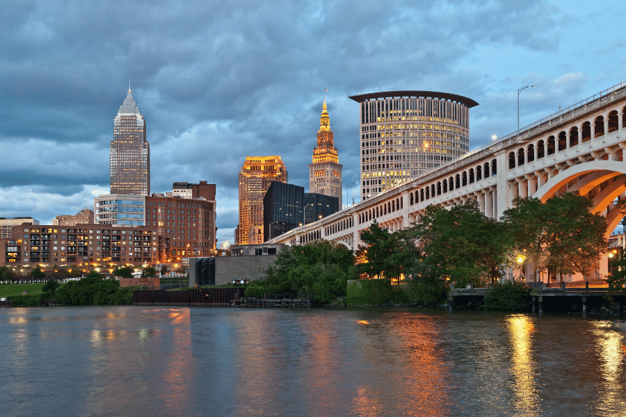 Cleveland skyline Lake Erie waterfront bridge
