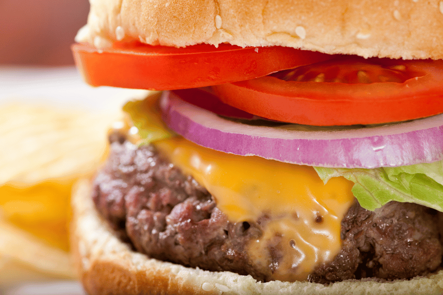 Cheeseburger close up with lettuce, tomato, and onion