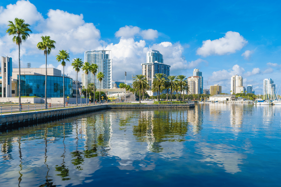 St. Petersburg, FL Harbour and skyline on a bright blue day 