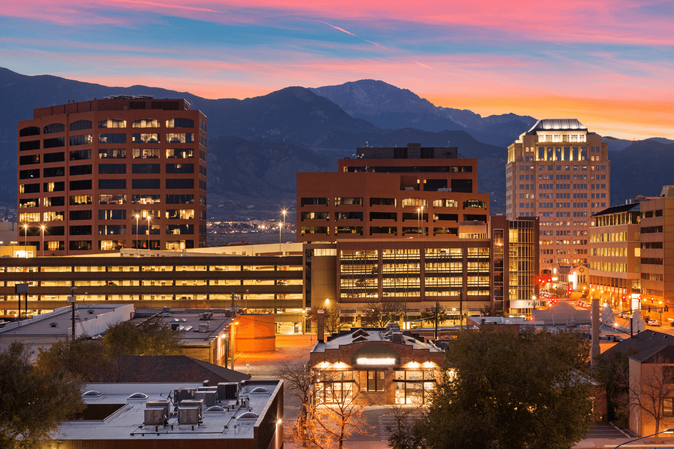 Downtown Colorado Springs Rockies and Sunset