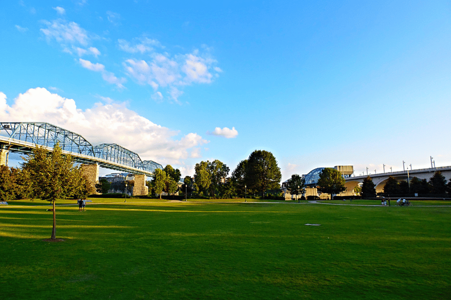 Coolidge Park in Chattanooga with view of bridge and green grass