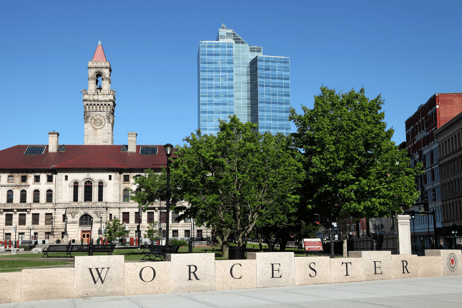 city of Worcester on a sunny day with trees 