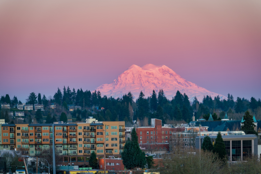 Olympia, WA with snow capped mountain and purple pink sky