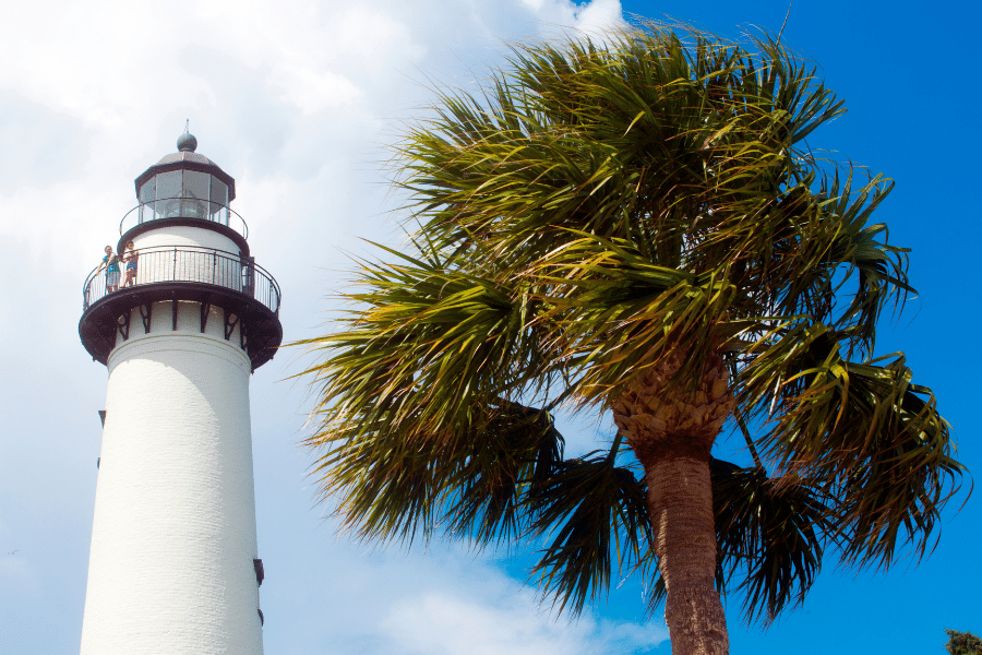 St. Simons Island Lighthouse with a palm tree on a sunny day in Georgia