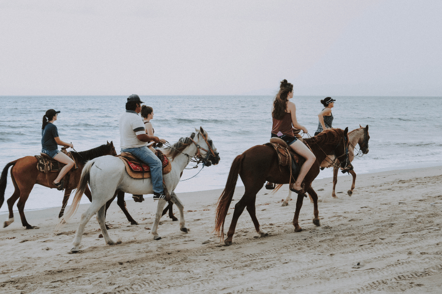 Group of horseback riders on the beach during low tide