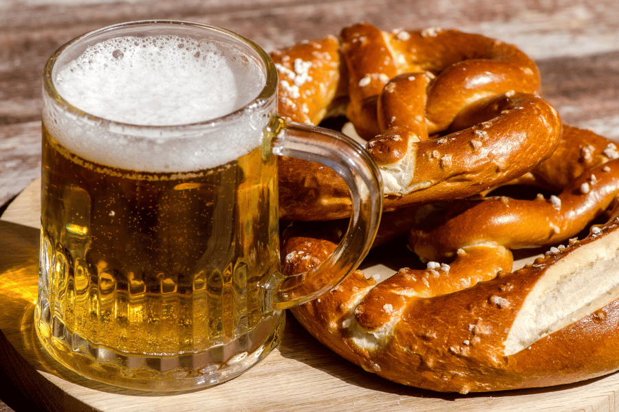 Photo of beer and two soft german pretzel 