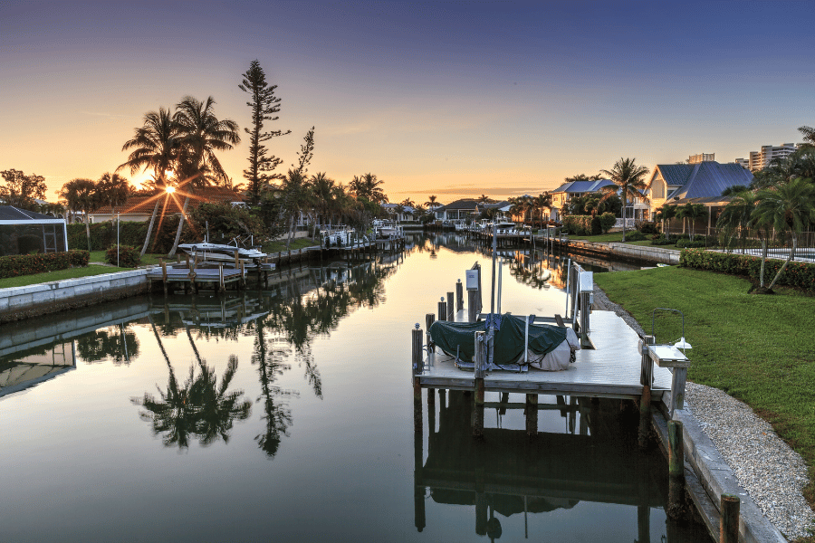 Marco Island Riverway with houses and private docks with boats