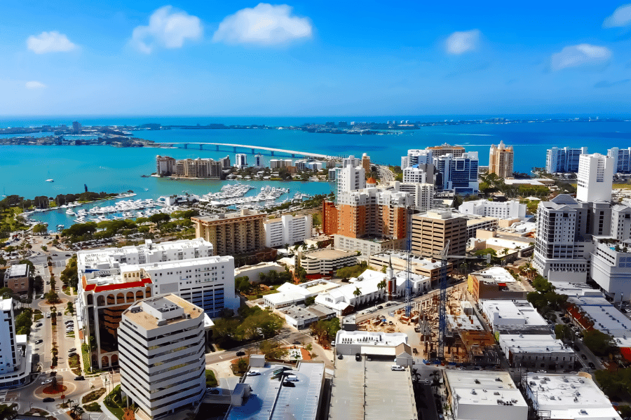 downtown sarasota aerial view near the clear blue water