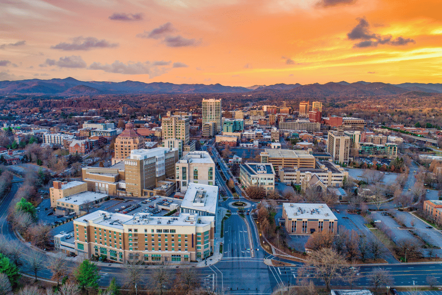 Beautiful Asheville, NC skyline during a yellow sunset
