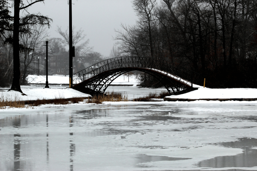 Elm Park on a snowy day with ice and a bridge