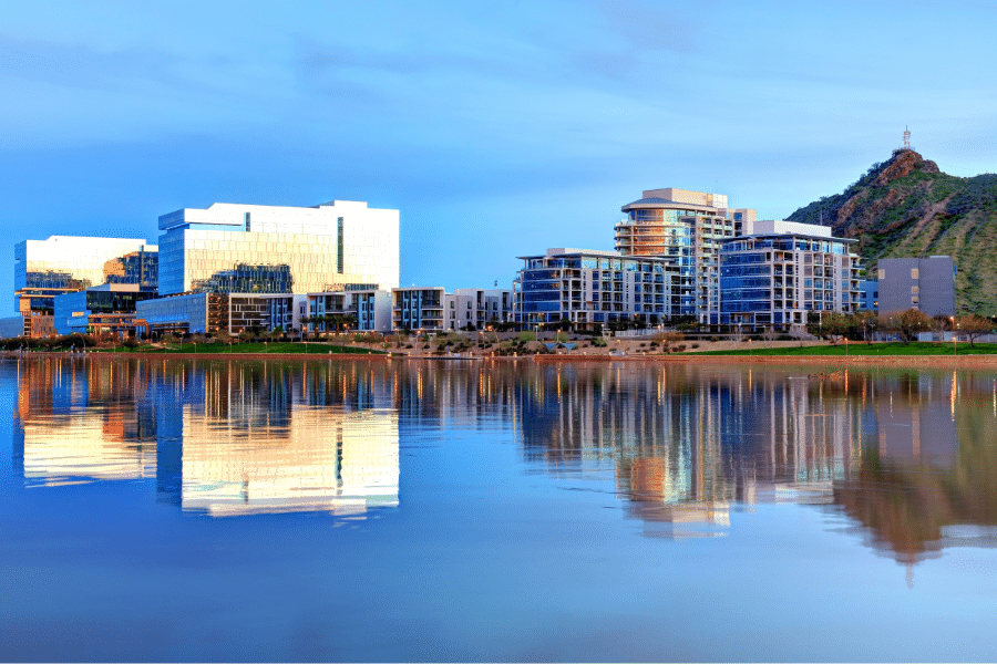 Beautiful city view of Tempe, Arizona near the water with mountain and clear blue sky