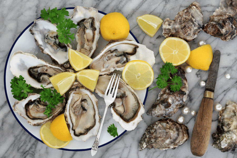 oysters and lemon on a plate 