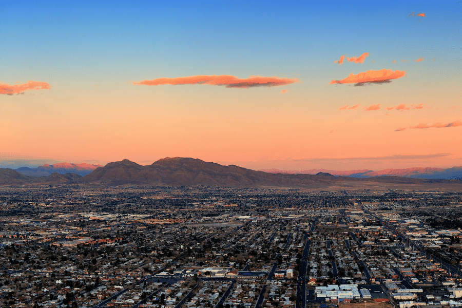Magnificent orange sunset in Las Vegas with mountains in the background 