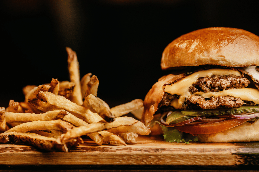 burger with cheese and fries