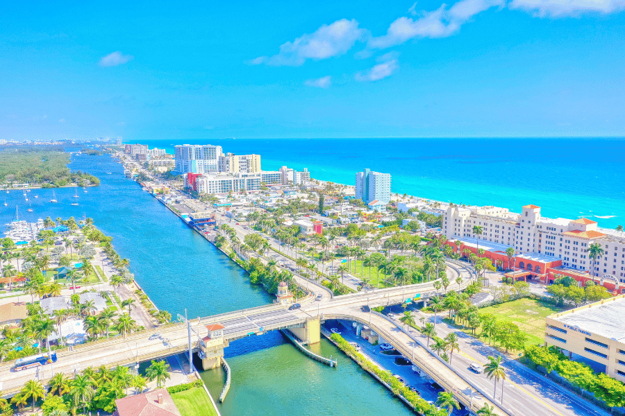 Aerial view of Hollywood Beach, FL, bright blue colors and ocean