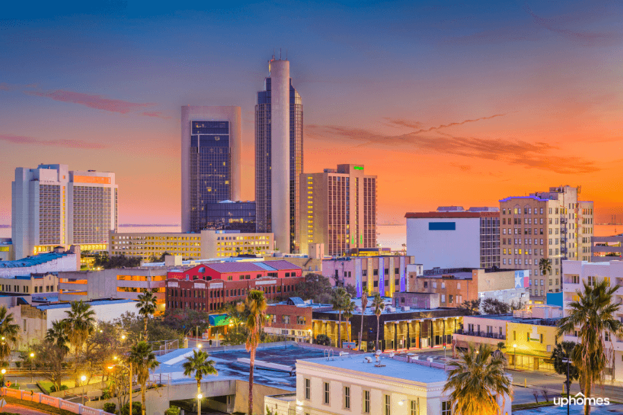 Skyline sunset in background of downtown Corpus Christi TX Skyline sunset in the background of downtown corpus christi tx buildings