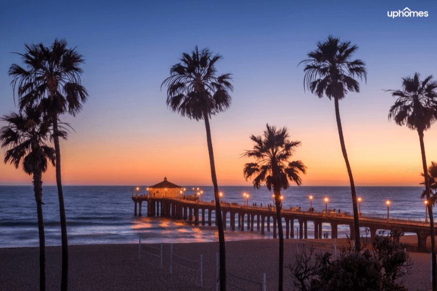Manhattan Beach Pier at night time located in Los Angeles, California