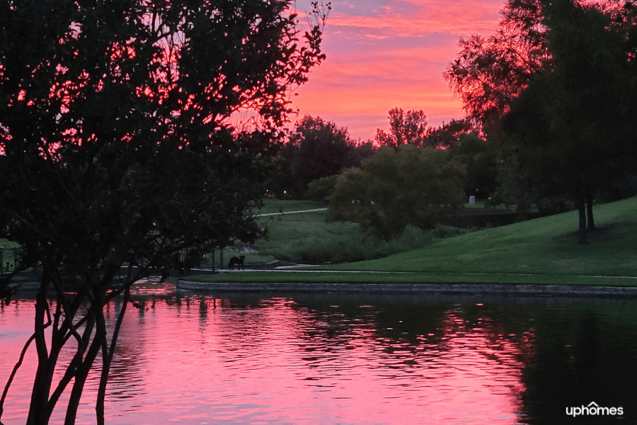 Sunset in a park in Plano, TX with water and trees Sunset in a park in Plano, TX with water and trees