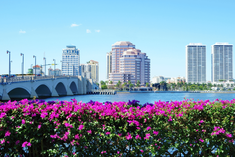 West Palm Beach Waterway Waterway in West Palm Beach, FL on a sunny day with beautiful purple flowers