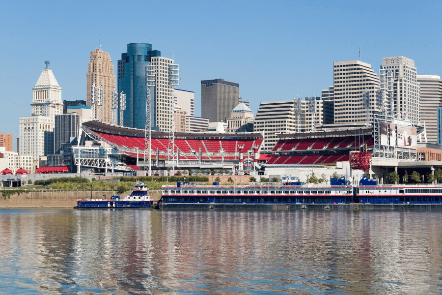 The riverfront in Cincinnati, Ohio on a sunny day