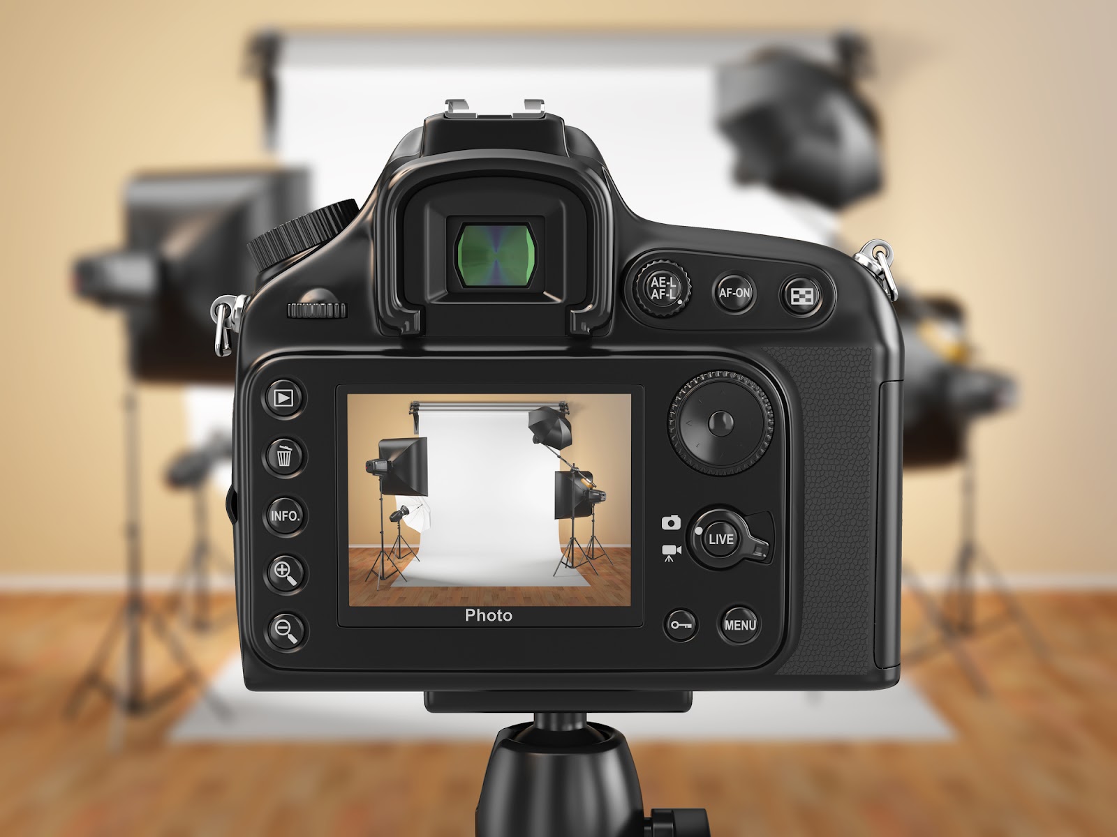Close-up of the preview screen on a digital camera pointed at lights around a white backdrop inside a home. Close-up of the preview screen on a digital camera pointed at lights around a white backdrop inside a home.