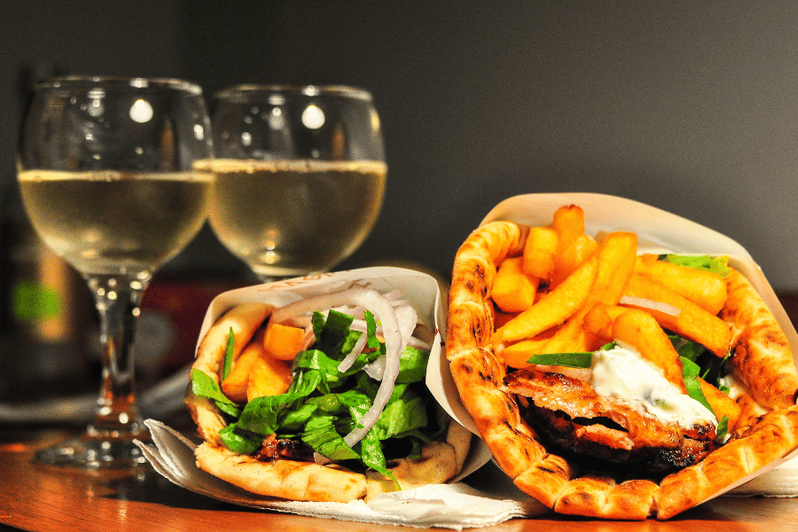 Greek food and wine at restaurant 