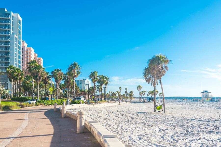 sunny and warm day on Clearwater Beach, FL, with a view of the water, palm trees, and buildings