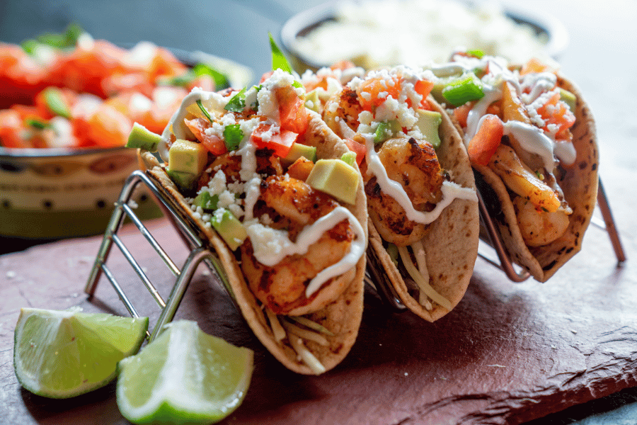 street tacos pork chicken shrimp salsa Mexican tortilla