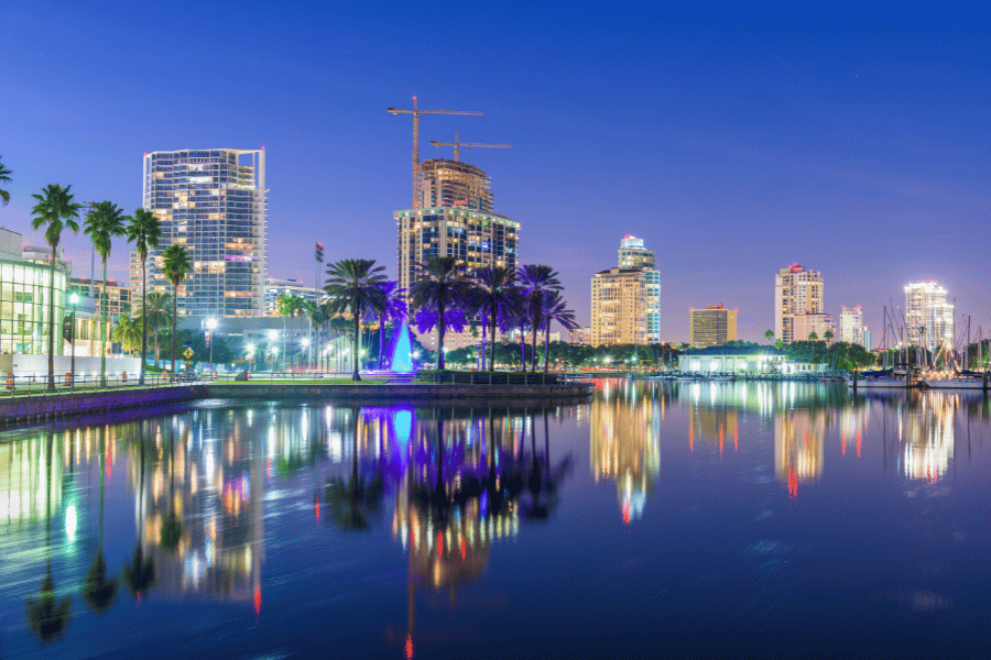 St. Petersburg, FL at night Lights reflected in the water in St. Petersburg, FL at night