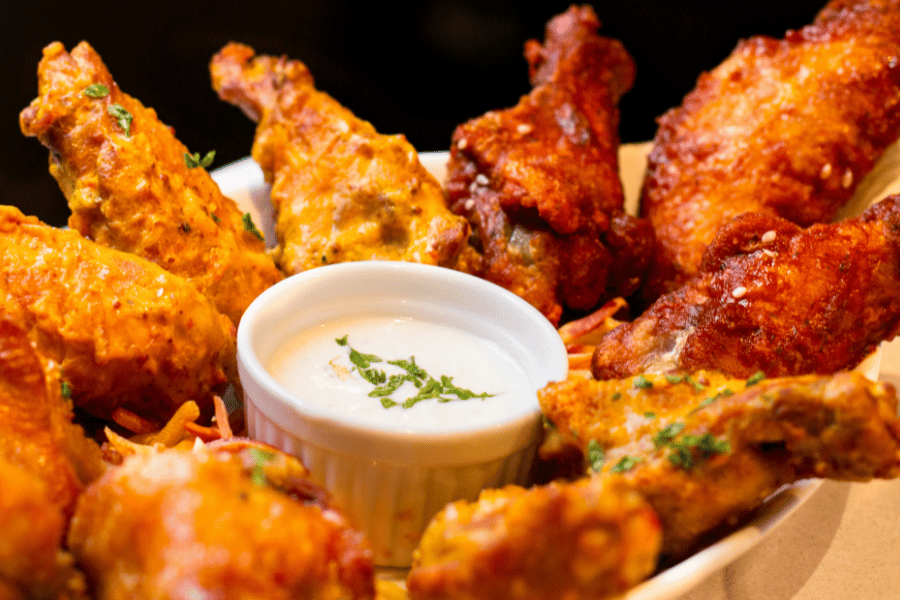 Wings wings, buffalo sauce, ranch, blue cheese