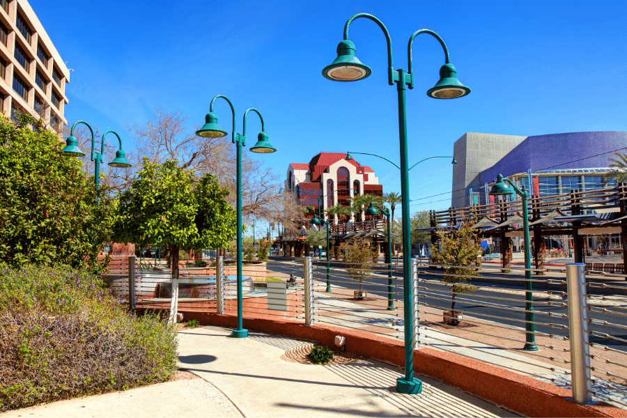 Daytime-in-Mesa-AZ.png Daytime in the city of Mesa, Arizona with buildings and lamp posts