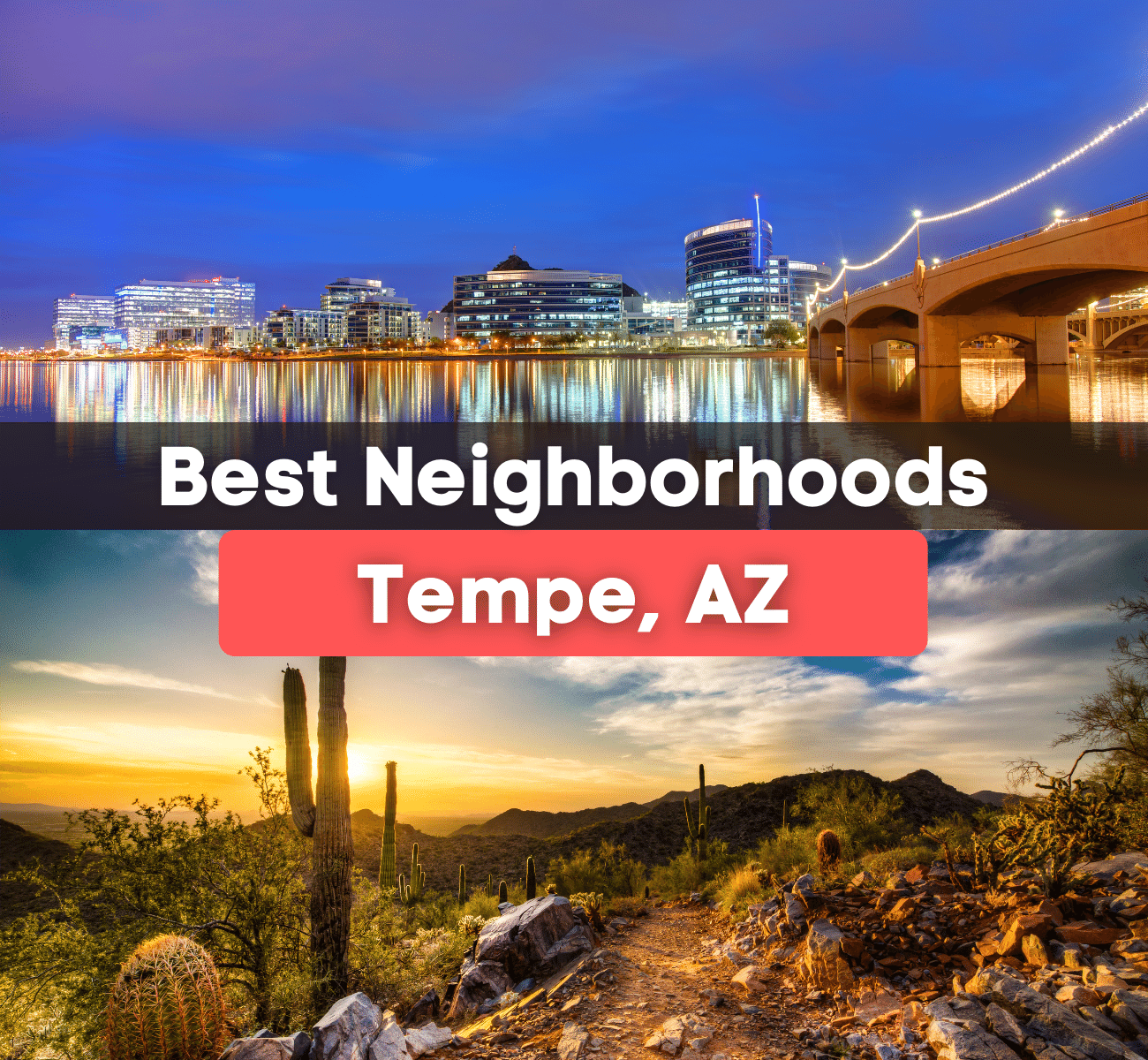 City of Tempe, Arizona at night near the water and the Sonoran Desert with cactus at sunset