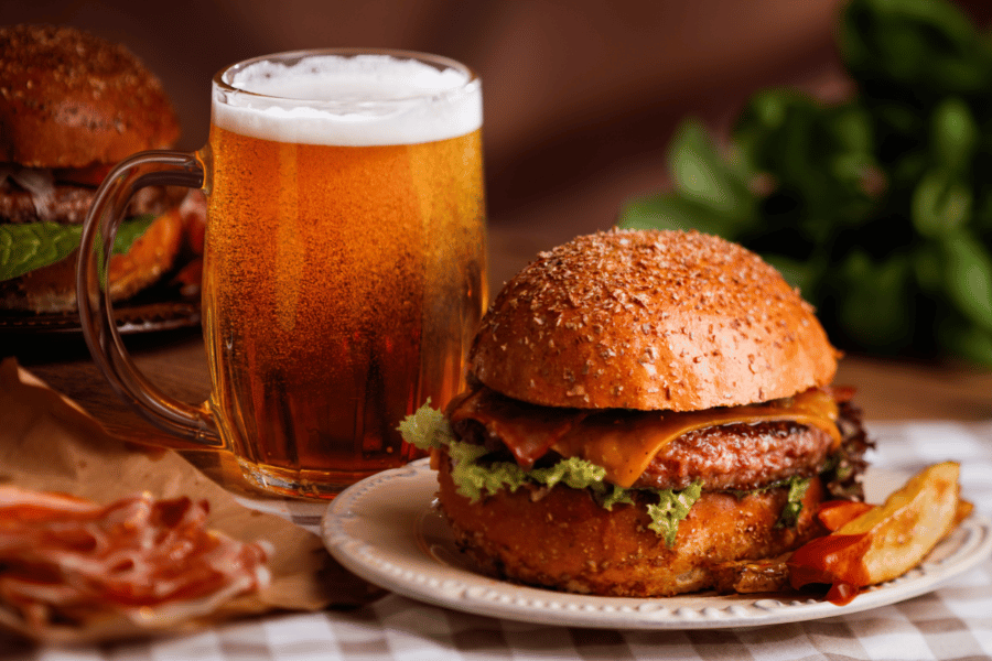 Burger burger, beer, tomato, cheese, bun, beef, lettuce