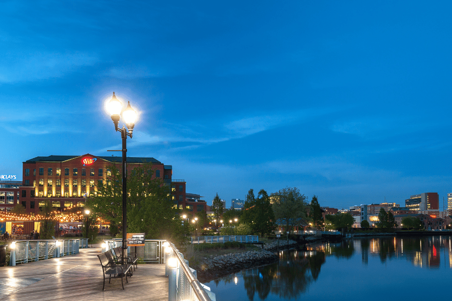 Delaware River night time view with buildings