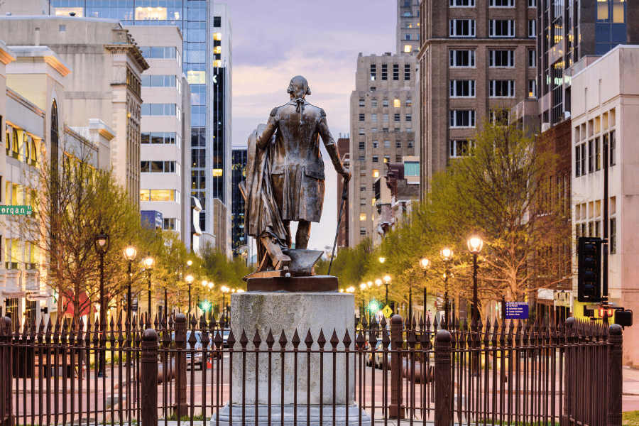 Raleigh Capital downtown view in NC of statue