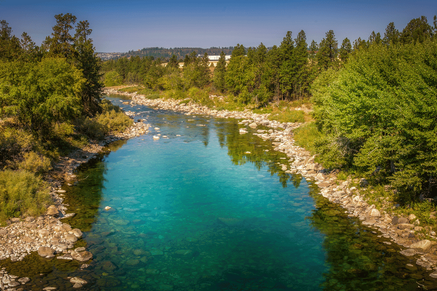 Spokane River Spokane River blue water with rocks and trees on the riverbank