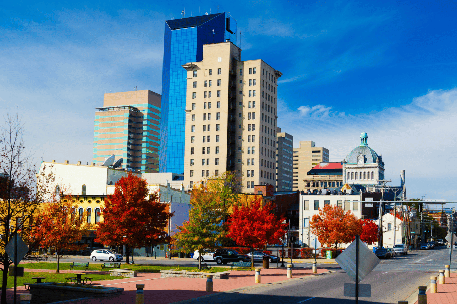 lexington-ky-fall-season-buildings.png Lexington KY buildings during the fall with orange leaves