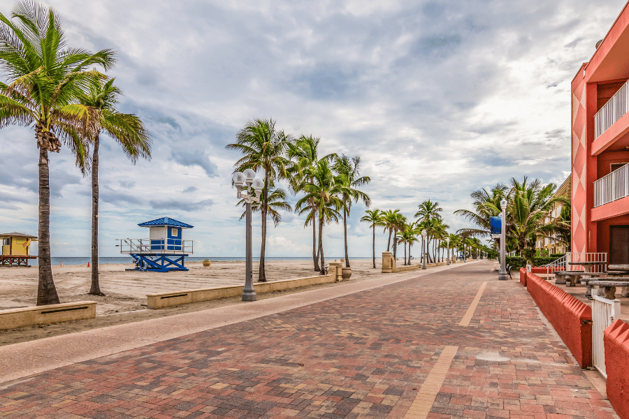 Hollywood Beach Broadwalk Hollywood Beach Broadwalk with palm trees and buildings