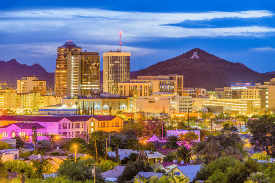 Tucson-Az-At-Night.png City and mountain view in Tucson, Arizona at night