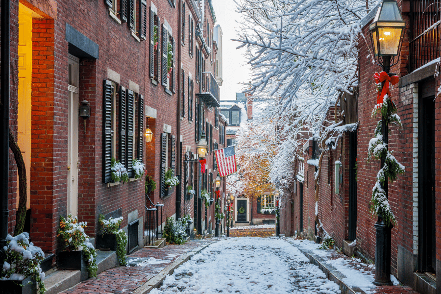 boston-street.png Beautiful Boston street with snow and Christmas decorations