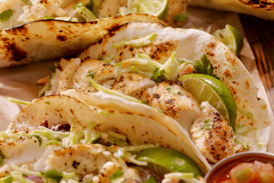 Fish tacos Fish tacos with slaw and limes