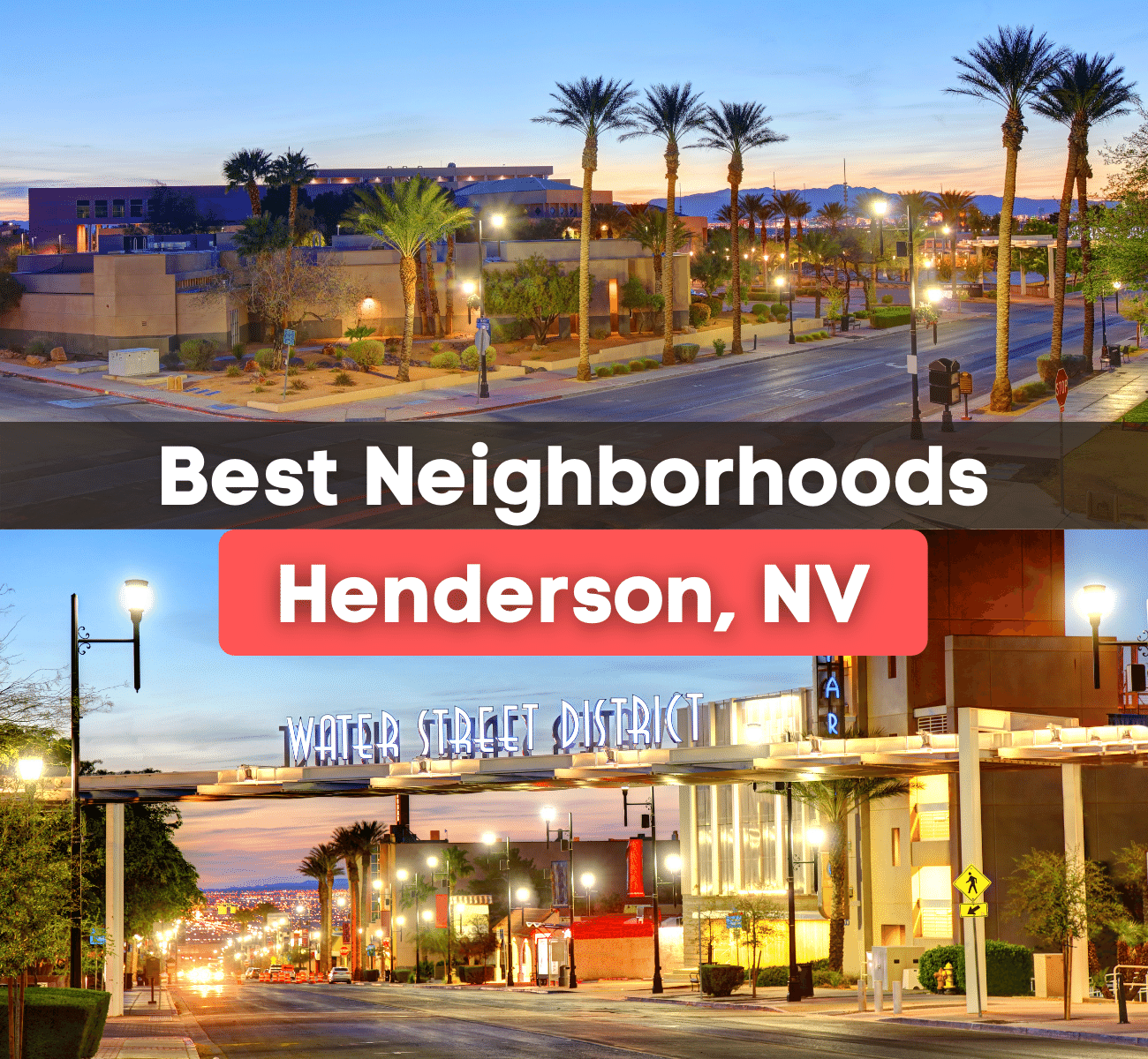 The Water Street District and Downtown Henderson, NV at dusk with bright lights and palm trees
