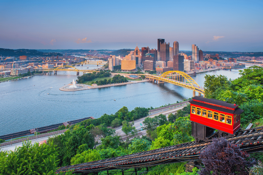 Pittsburgh, PA Image of downtown Pittsburgh from above across the bridge