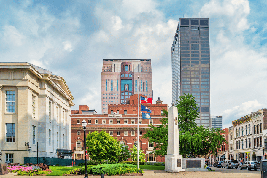Downtown area building with flags Kentucky