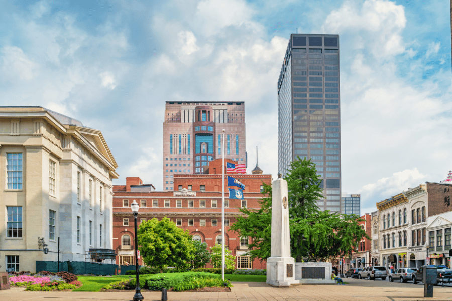 building-view-with-flags-kentucky.png Buildings in downtown area with flags in front