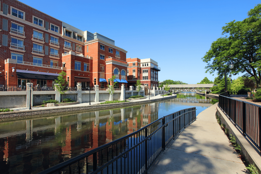 Naperville, IL Downtown District Naperville, IL Downtown District near the river on a sunny day