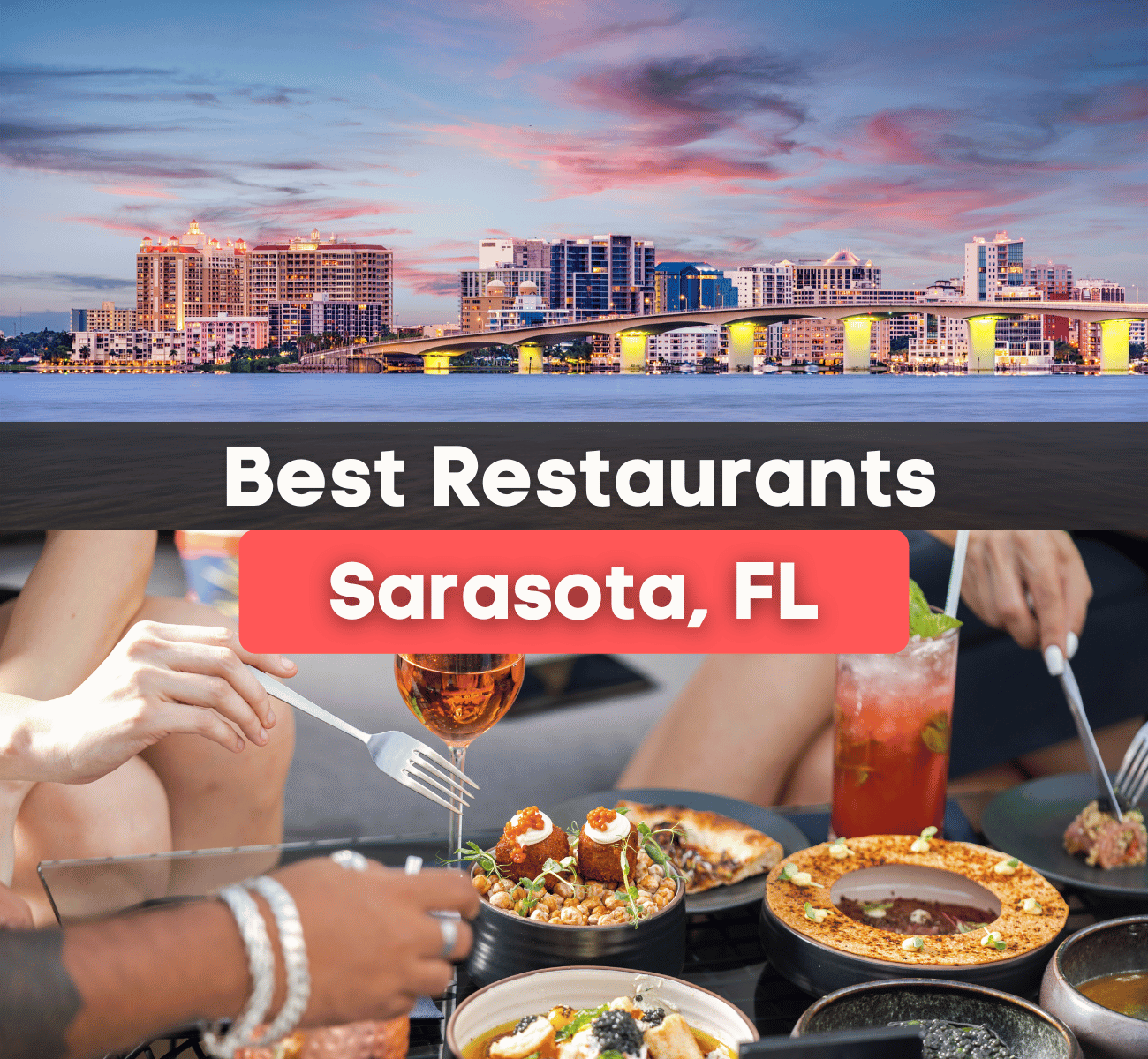 best-restaurants-sarasota-fl.png best restaurants in Sarasota, FL graphic with palm trees and people eating food